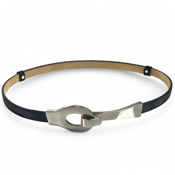 Black Slider Belt With Brushed Silver Metal Clasp Adjustable Leather Lined M/L - Picture 1 of 6